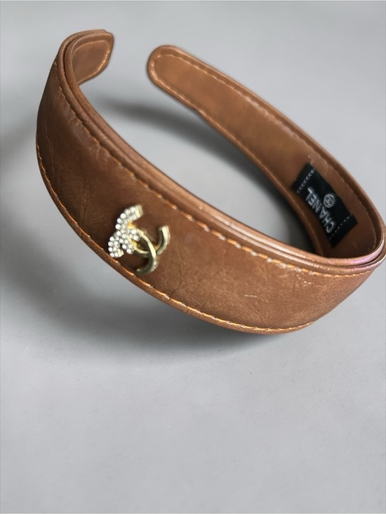 Brown Leather Headband with Pearl-Embellished CC Accent main image 5